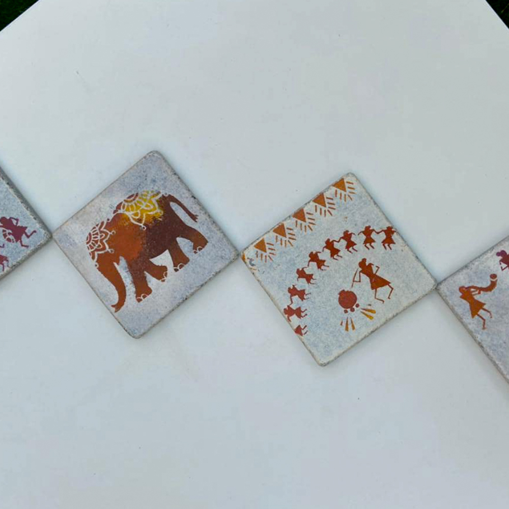 Stonestories Marble Coasters - Multi Colour Designer Warli Art Marble Natural Stone Table, Glass and TeaCoffee Coasters for Home and Gifting (1)