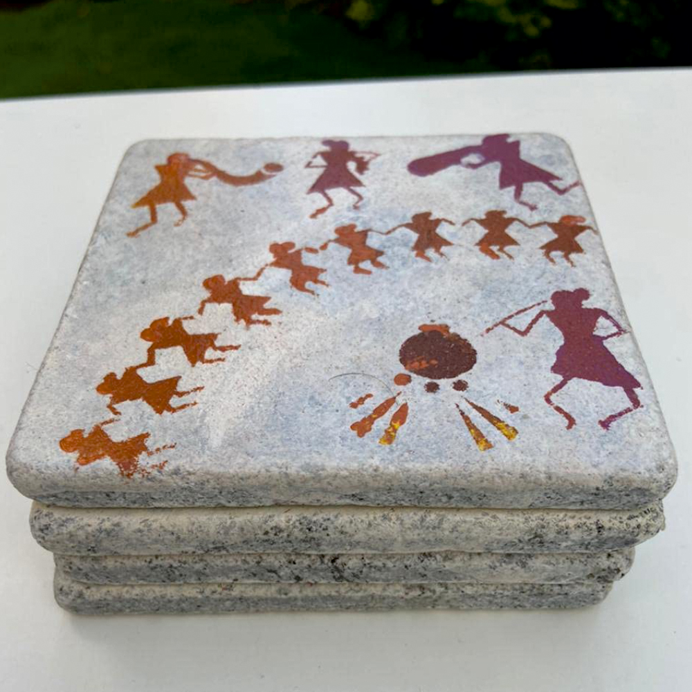 Stonestories Marble Coasters - Multi Colour Designer Warli Art Marble Natural Stone Table, Glass and TeaCoffee Coasters for Home and Gifting (2)
