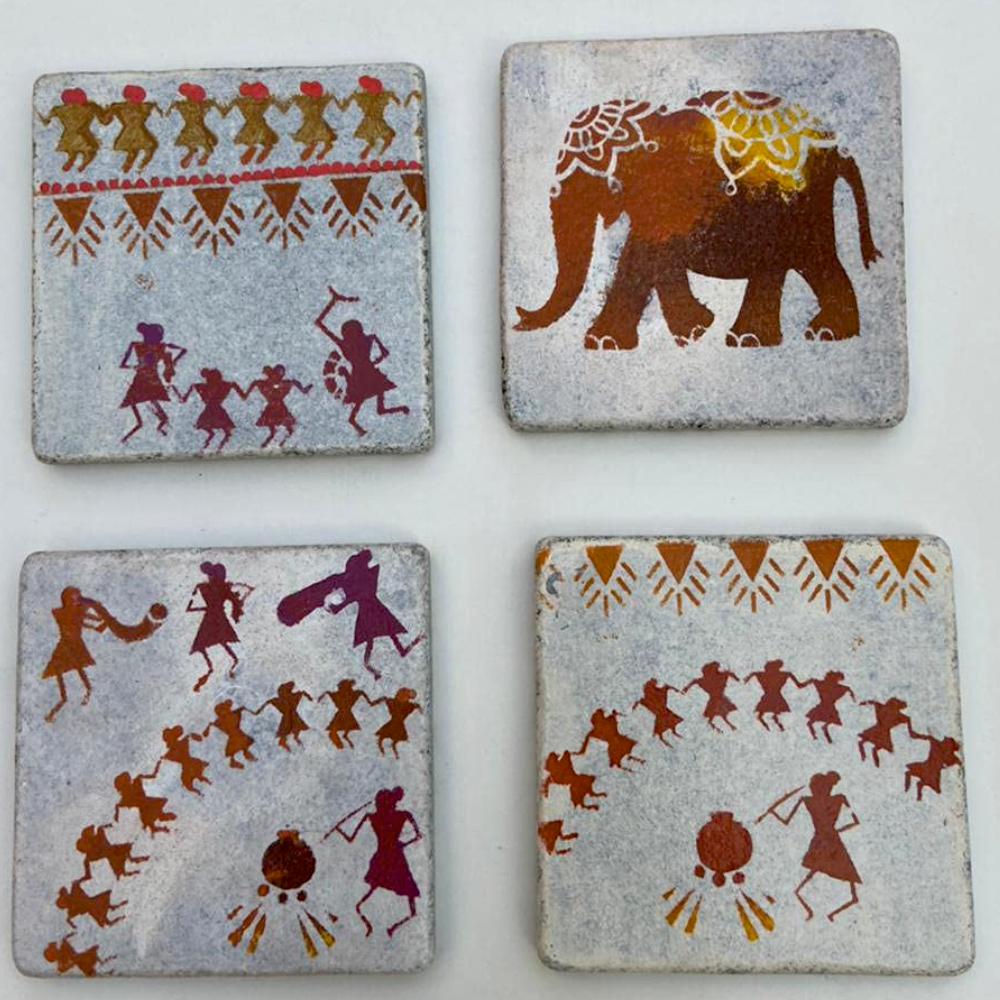 Stonestories Marble Coasters - Multi Colour Designer Warli Art Marble Natural Stone Table, Glass and TeaCoffee Coasters for Home and Gifting (3)