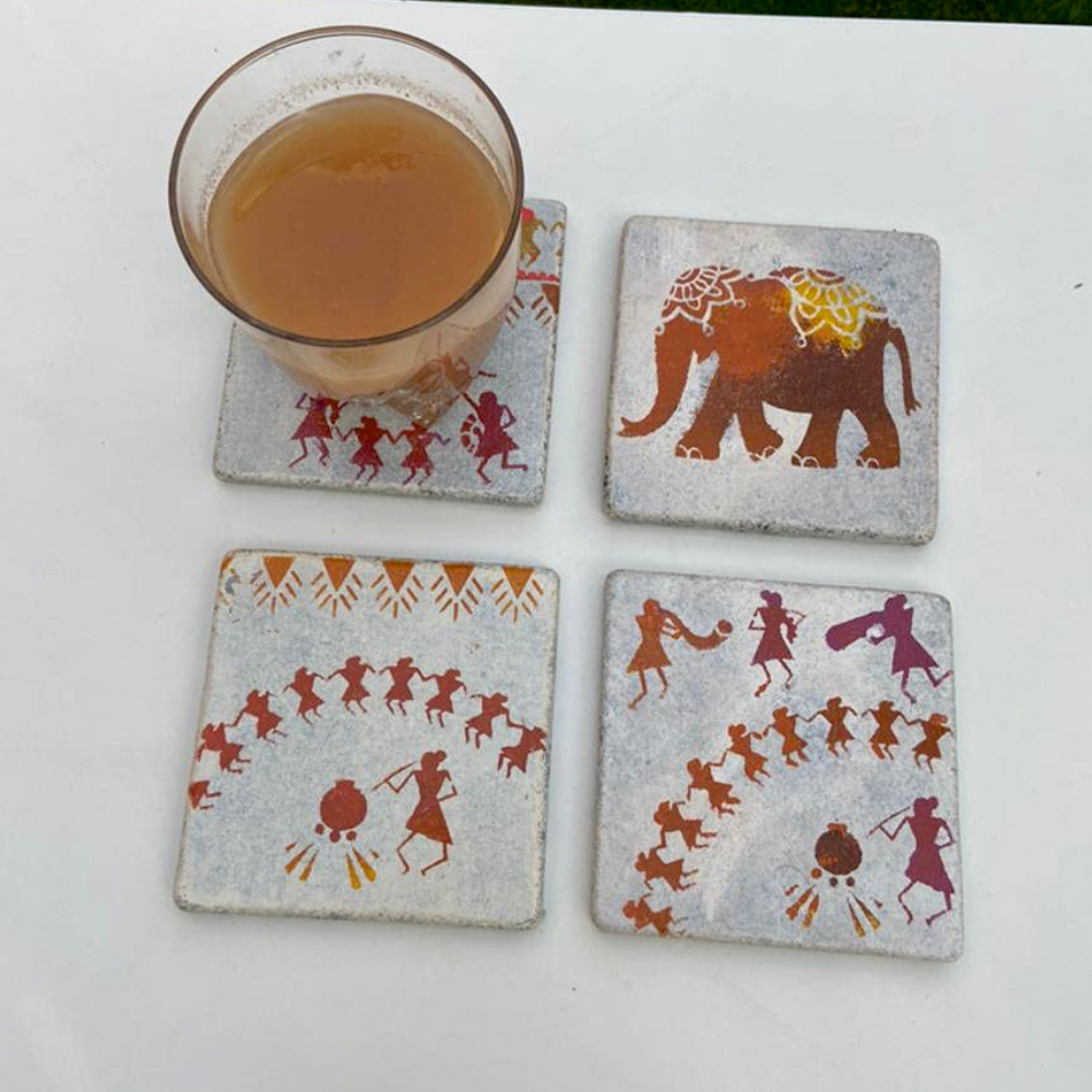 Stonestories Marble Coasters - Multi Colour Designer Warli Art Marble Natural Stone Table, Glass and TeaCoffee Coasters for Home and Gifting (4)